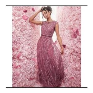 Mac Duggal 5445 Purple Pink 4 Embellished Cap Sleeve Evening Gown Formal Dress